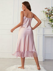 Satin Tassel Slip Nightdress V Neck Spaghetti Strap Sleep Dress