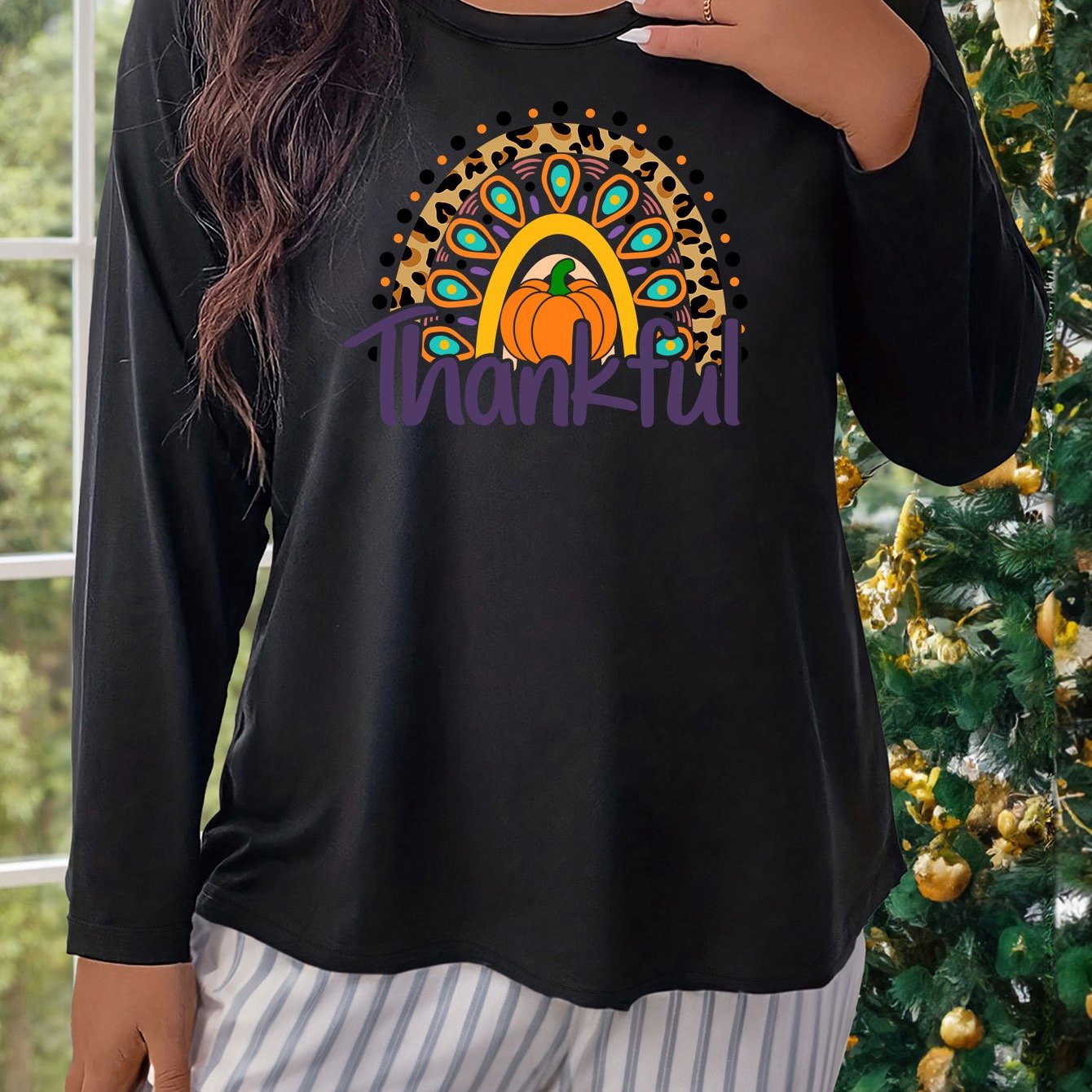 Women's Plus Size Pumpkin & Leopard Arch Graphic Long Sleeve Round Neck T-shirt