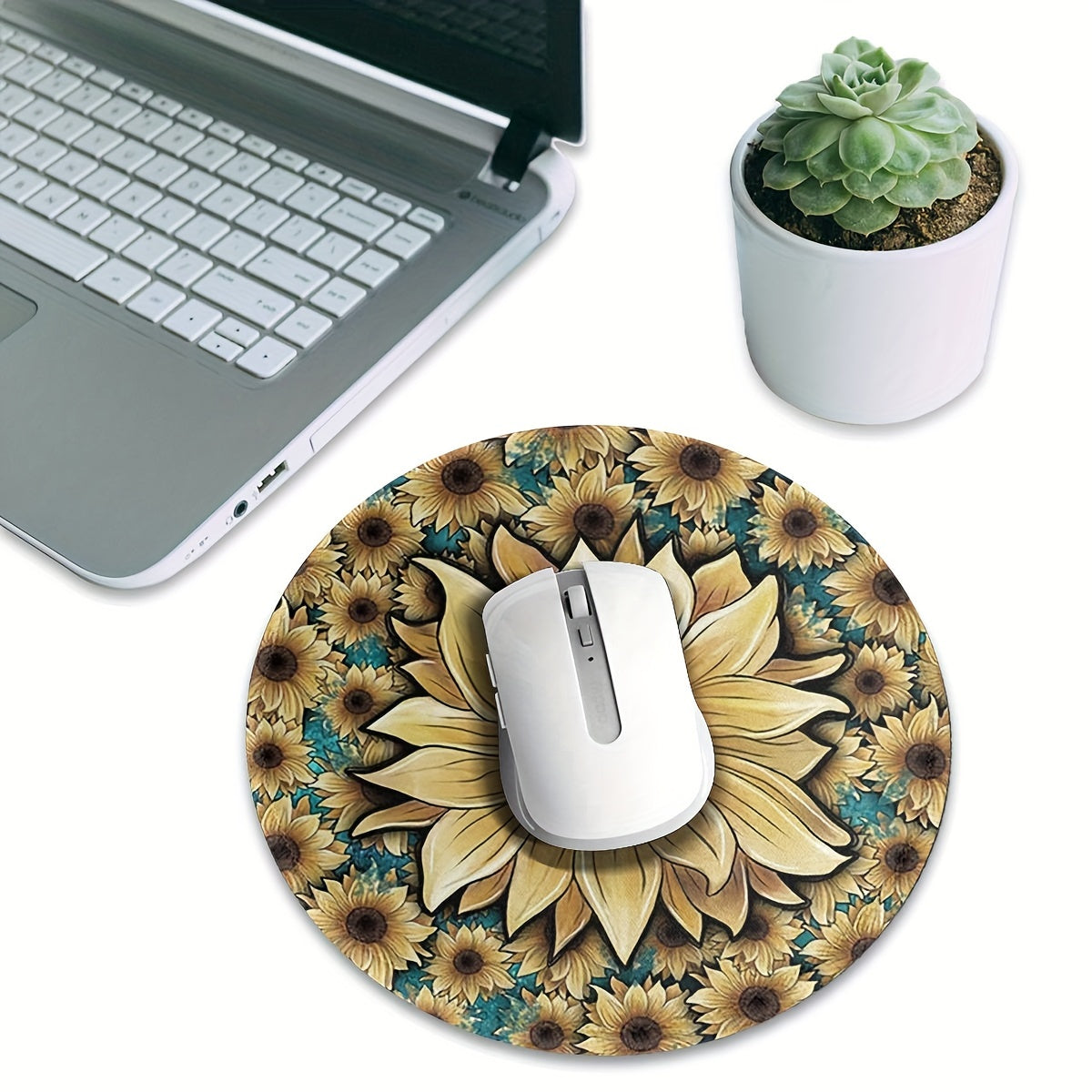 Boho Sunflower & Turquoise Round Mouse Pad Non Slip Base Mousepad