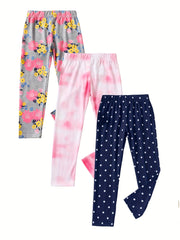 3-Pack Girls Stretchy Legging Pants Polka Dots Tie Dyed Floral Print
