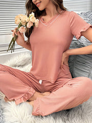 Solid Lounge Set Short Sleeve V Neck Top & Elastic Waistband Pants