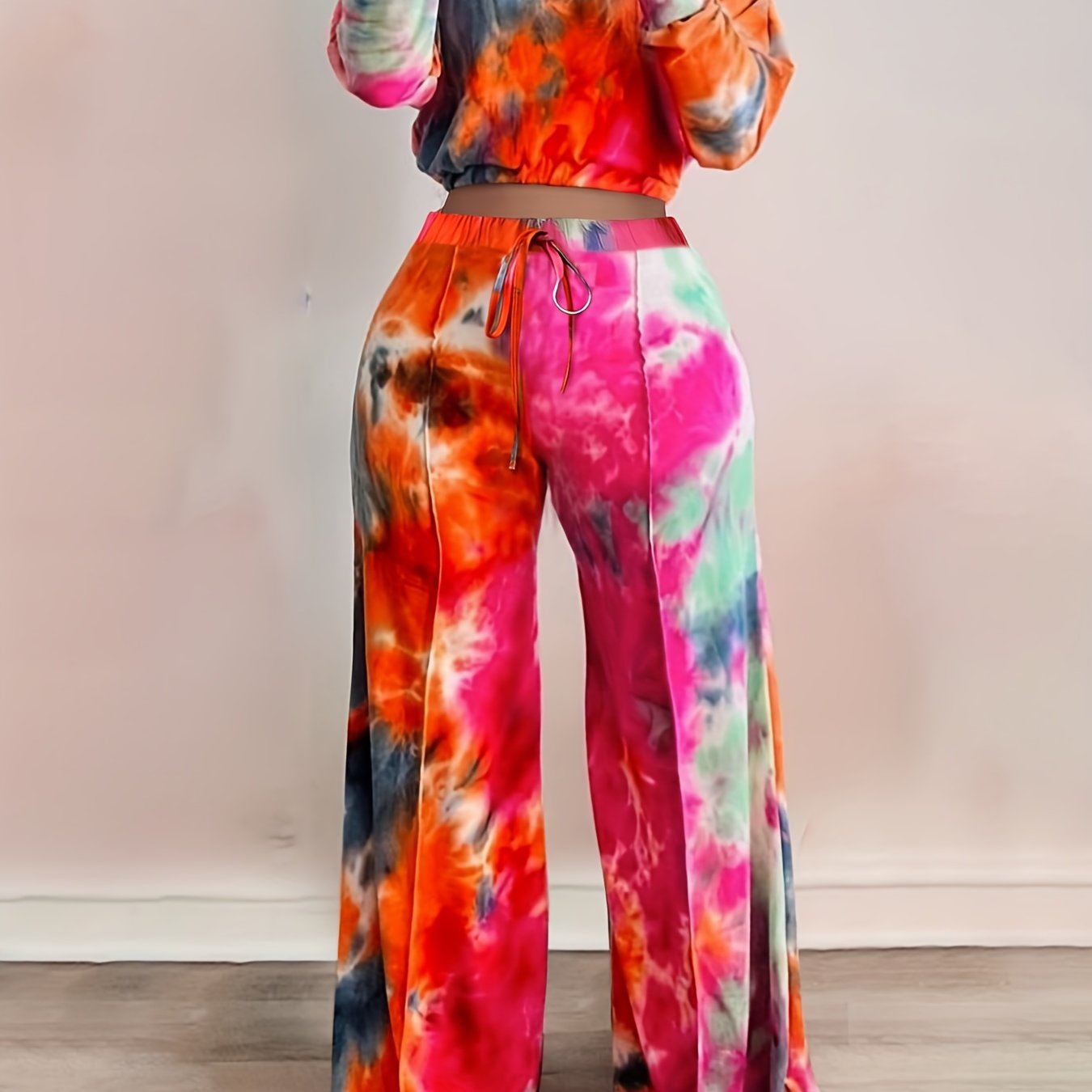 Casual Tie Dye Two-piece Set Long Sleeve Crop Top & Pants Outfit