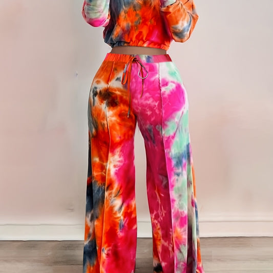 Casual Tie Dye Two-piece Set Long Sleeve Crop Top & Pants Outfit