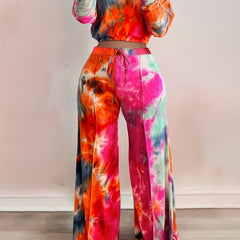 Casual Tie Dye Two-piece Set Long Sleeve Crop Top & Pants Outfit
