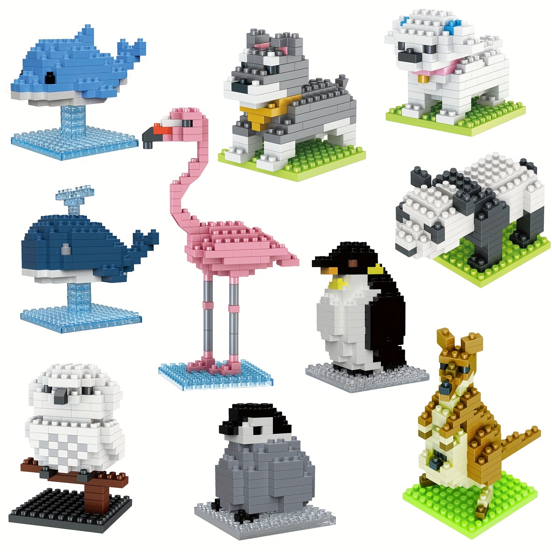 Animal Building Block Set: Whales, Dolphins, Penguins, Flamingos, Owls, Pandas