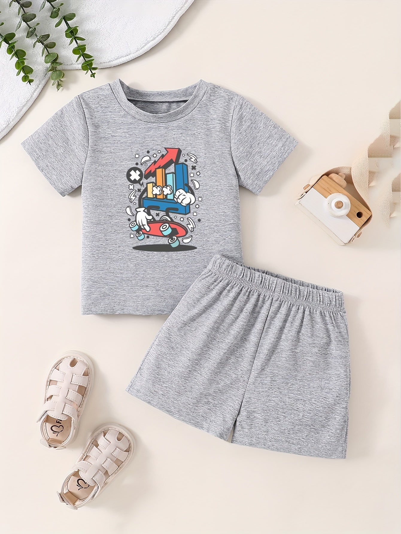 Toddler Kid Short Sleeve T shirt & Matching Shorts Cartoon Pattern Cotton