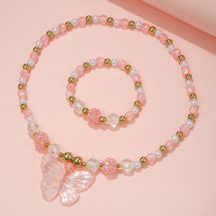 Kids Butterfly Necklace Set Acrylic Pendant Beads Elastic Bracelet