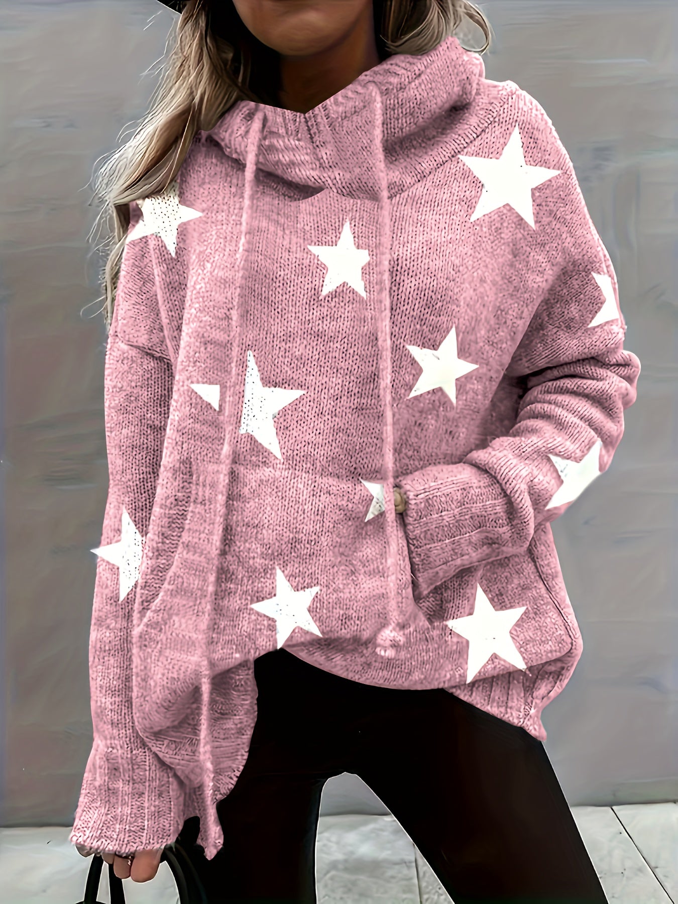 Star Print Long Sleeve Hoodie Sweater With Pockets