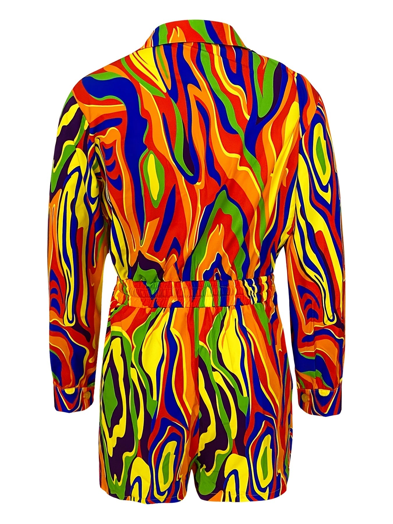 Abstract Print Romper Jumpsuit Boho Drawstring Waist Long Sleeve Romper