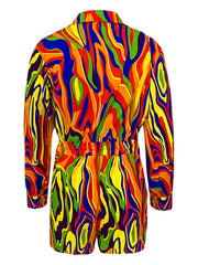 Abstract Print Romper Jumpsuit Boho Drawstring Waist Long Sleeve Romper