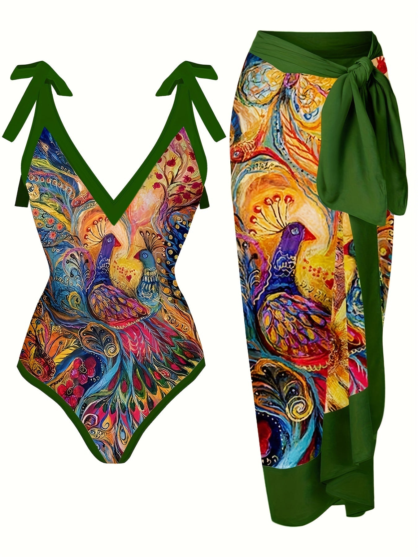 Peacock Print One Piece Swimsuit & Cover Up Skirt Set