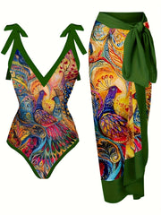 Peacock Print One Piece Swimsuit & Cover Up Skirt Set