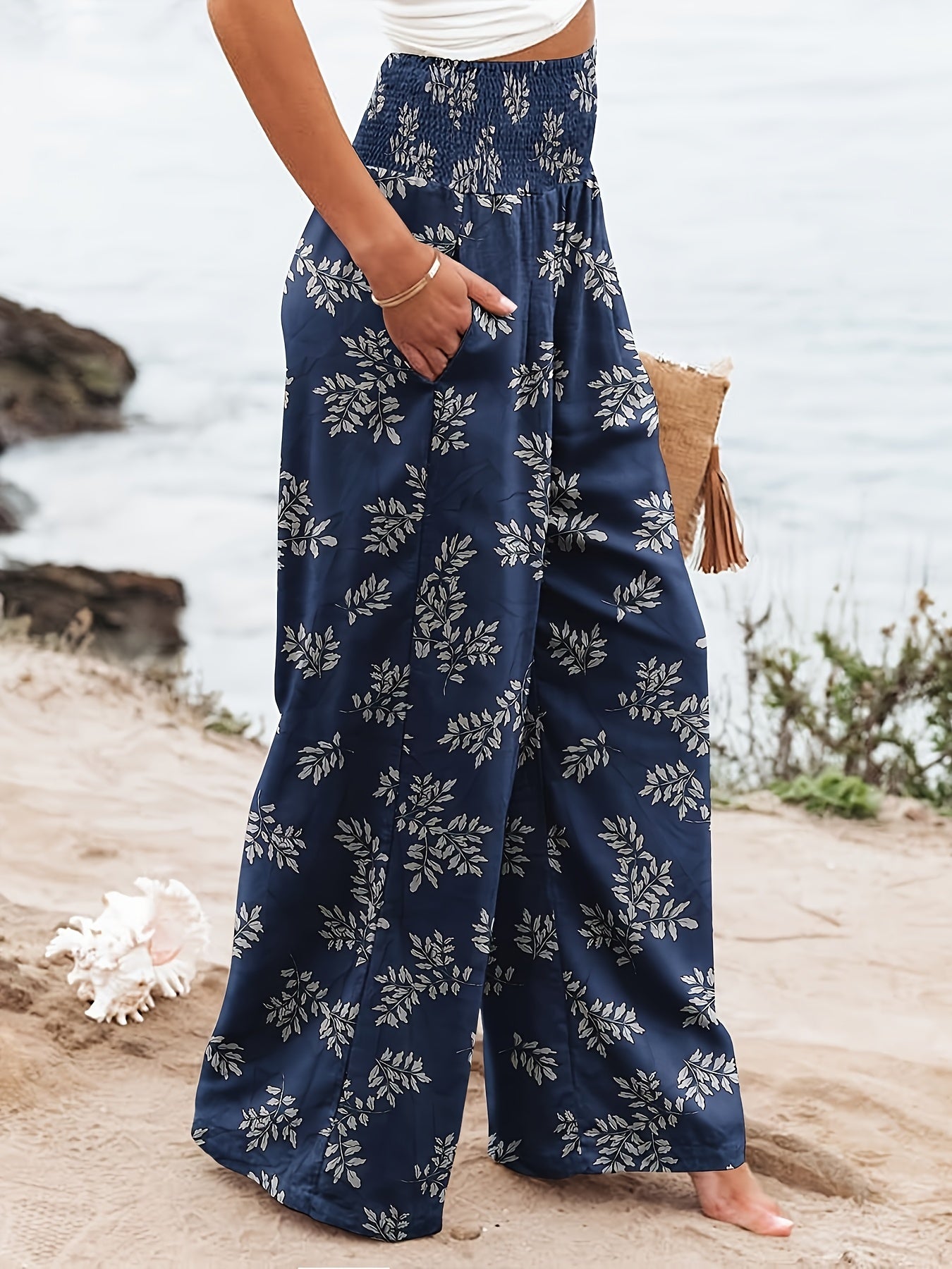 Women's Plus Floral Print Shirred Waist Wide Leg Trousers