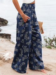 Women's Plus Floral Print Shirred Waist Wide Leg Trousers