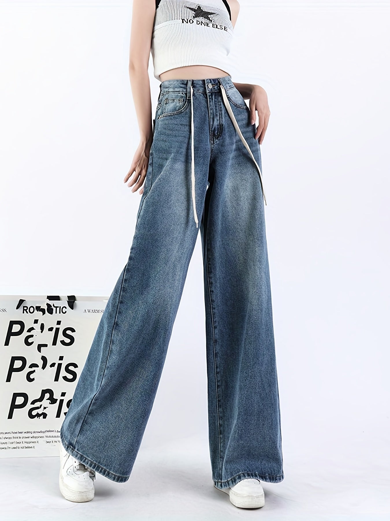Wide Leg Straight Jeans Non Stretch Slash Pockets