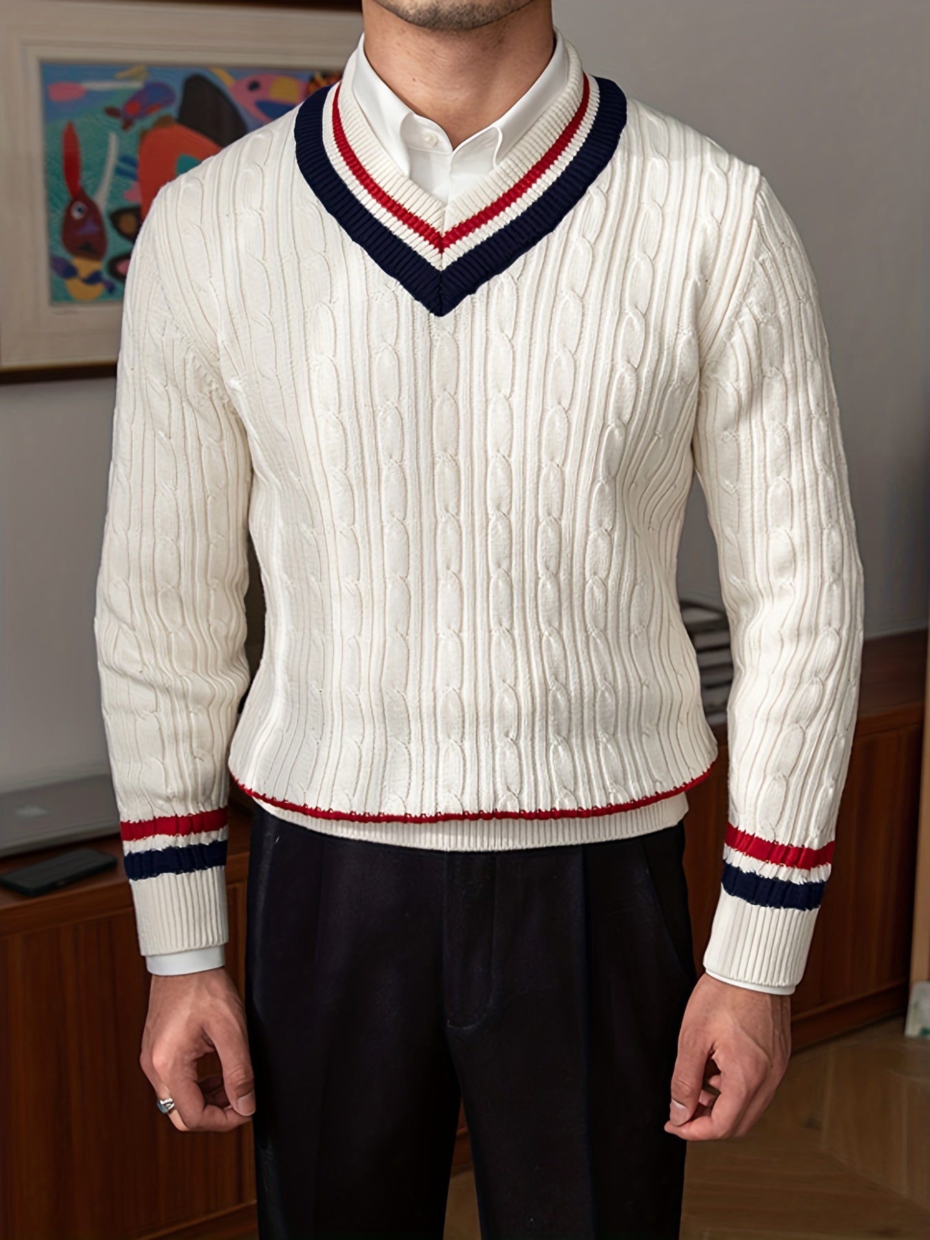 V Neck Pullover Sweater Men's Casual Warm for Fall Winter