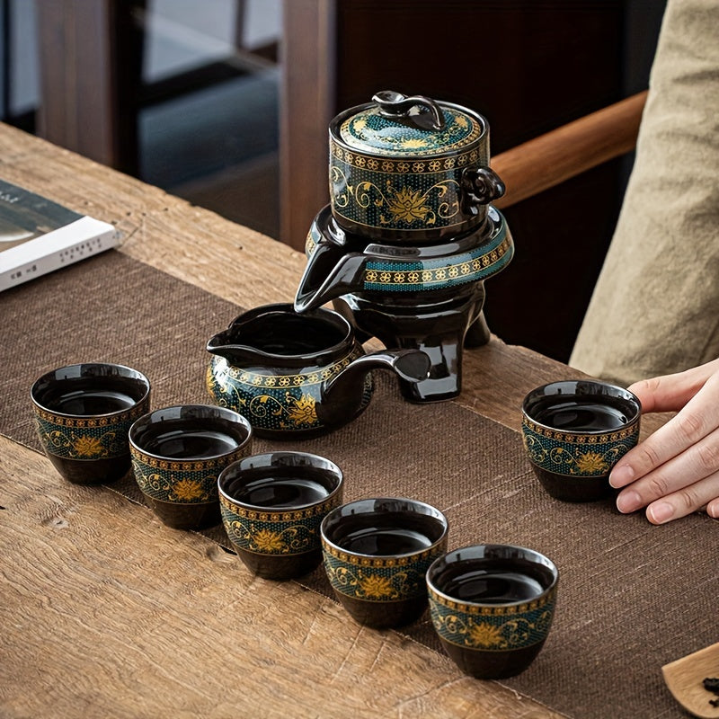 Retro Ceramic Tea Set with Stone Mill and Graphite Fortune Turn