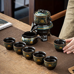 Retro Ceramic Tea Set with Stone Mill and Graphite Fortune Turn