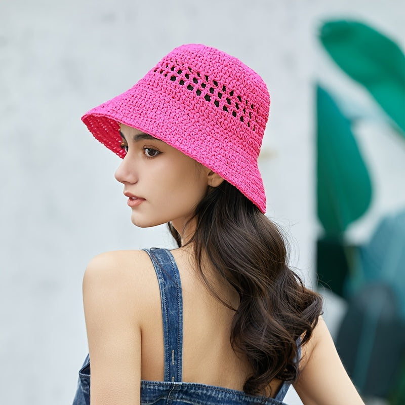 Rose Red Crochet Bucket Hat Straw Hat Hollow Vacation Beach Fisherman