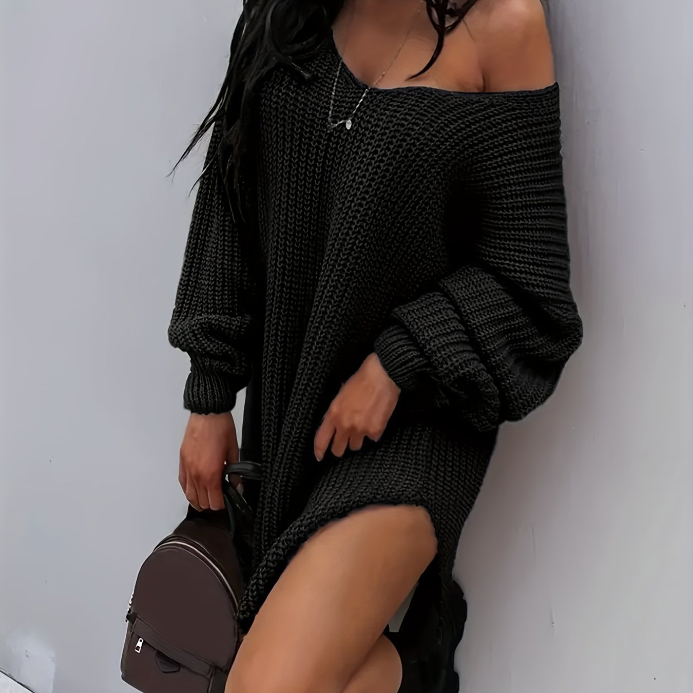 Sexy Sweater Dress One Shoulder Lantern Sleeve V Neck