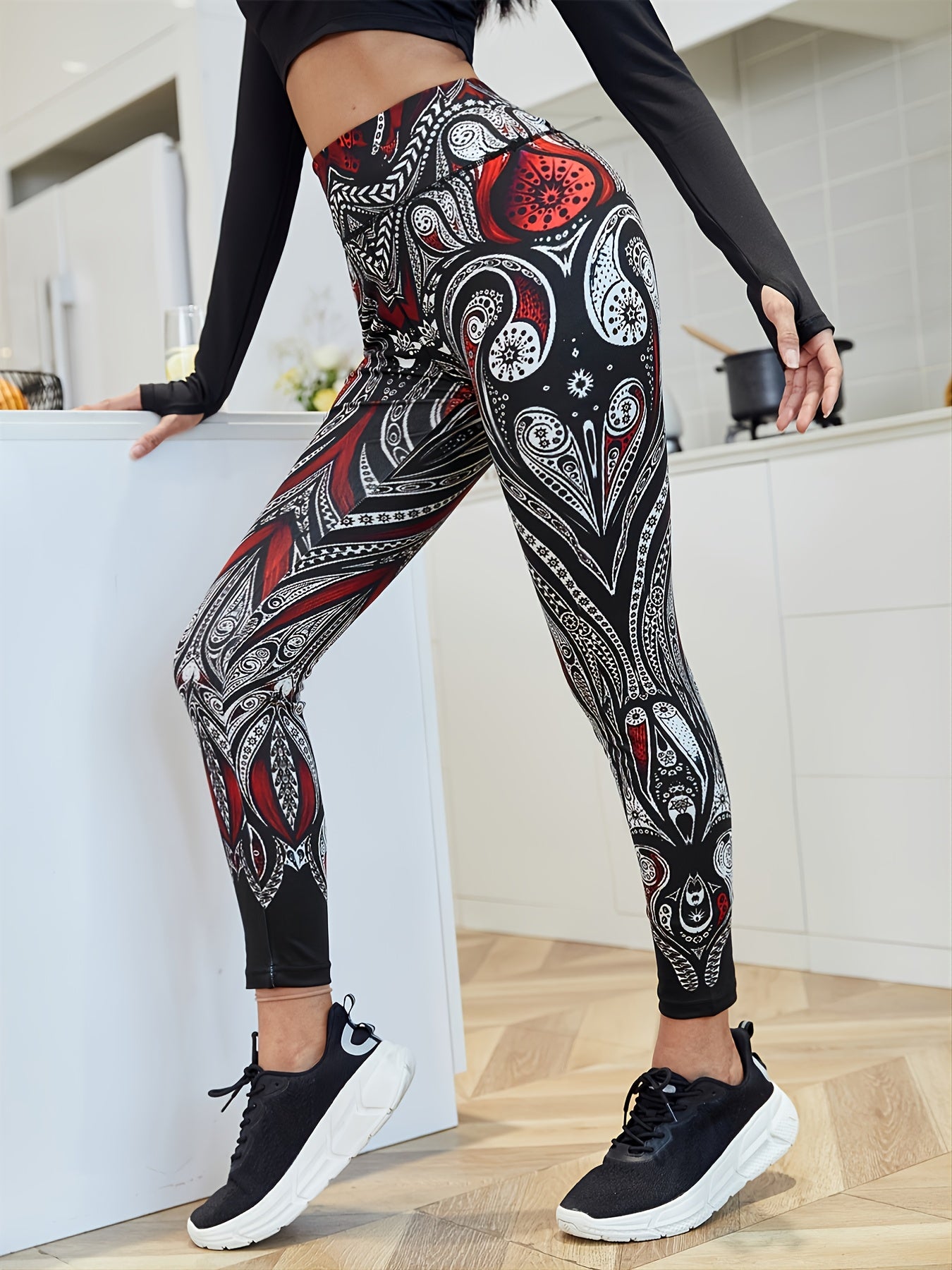 High Waisted Digital Print Leggings with Stripe Detail