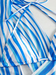 Stripes Print Halter 3 Piece Swimsuit V String Bikini Set