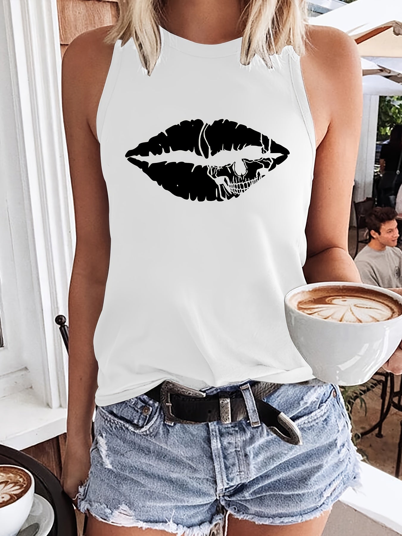 Lip Print Tank Top Crew Neck Summer Sleeveless Top Women's Clothing