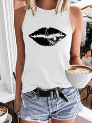 Lip Print Tank Top Crew Neck Summer Sleeveless Top Women's Clothing