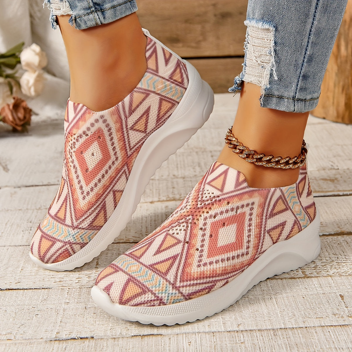 Women's Geometric Pattern Knit Mesh Casual Flat Shoes