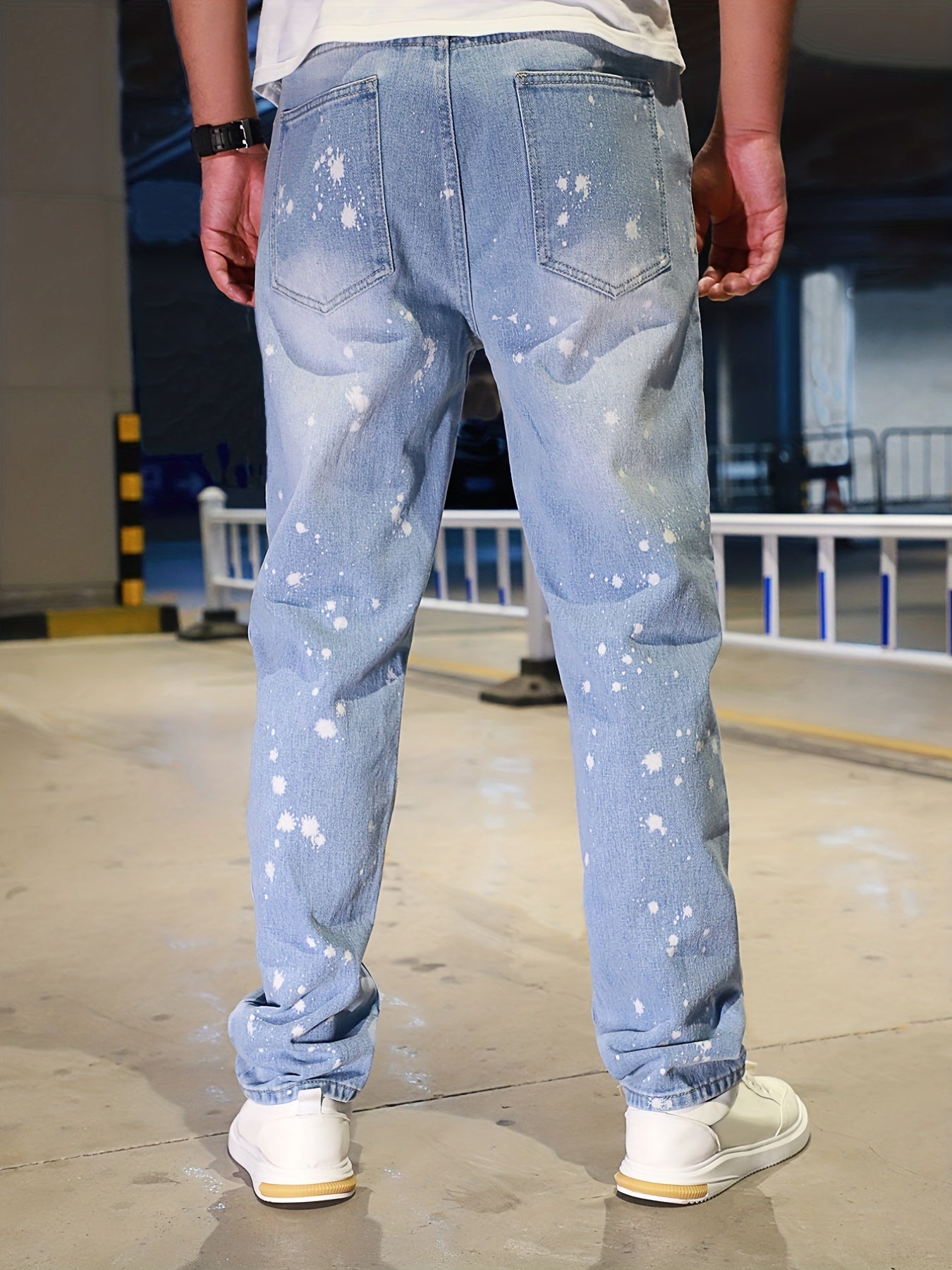 Splatter Pattern Ripped Jeans Men's Casual Street Style Denim Pants