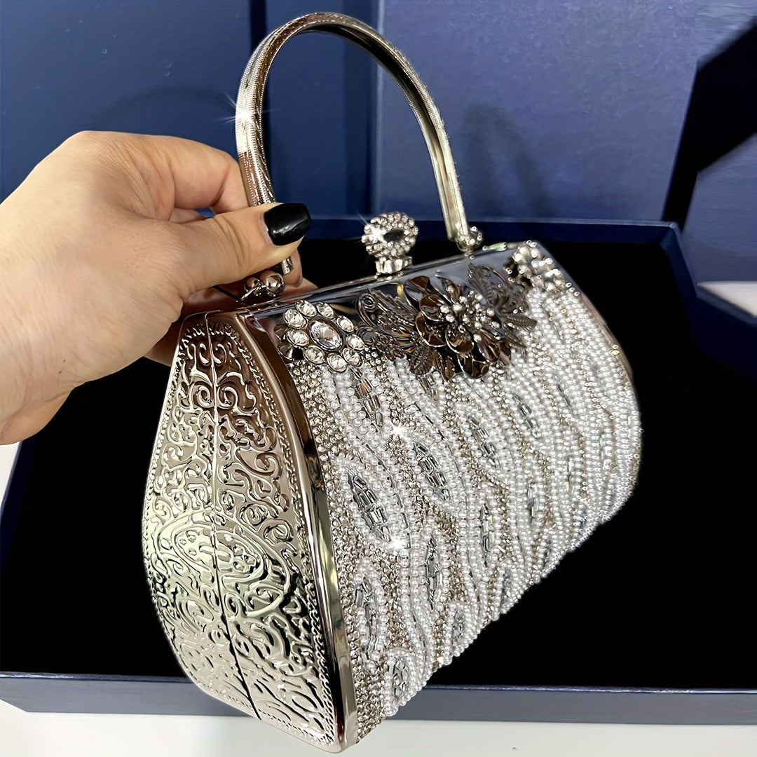 Silvery Pearl Evening Gift Bag Rhinestone Banquet Handbag