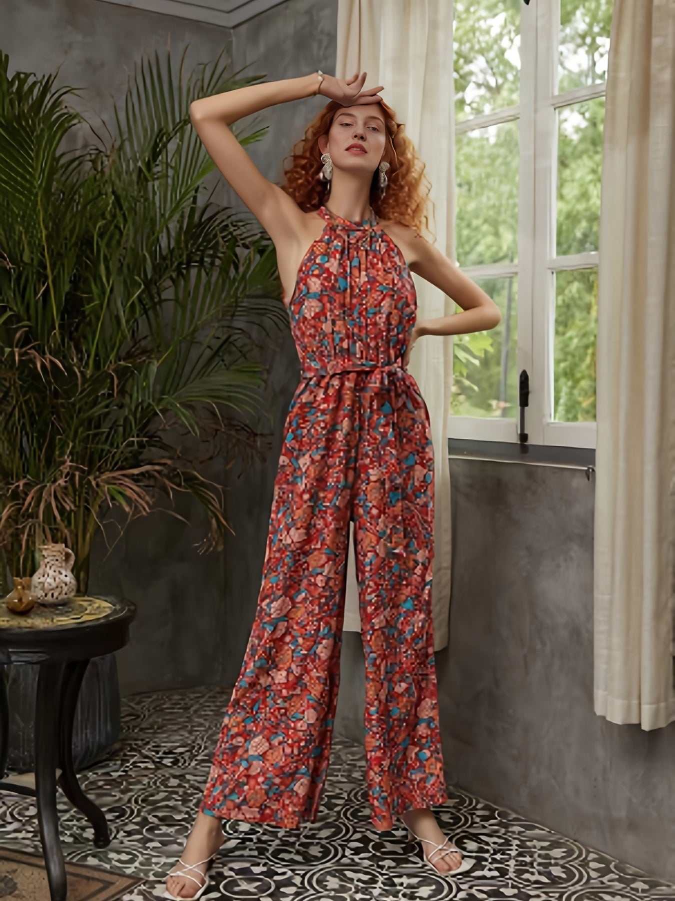 Boho Floral Print Sleeveless Jumpsuit Vintage Wide Leg Jumpsuit