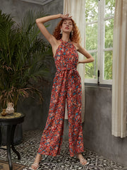 Boho Floral Print Sleeveless Jumpsuit Vintage Wide Leg Jumpsuit