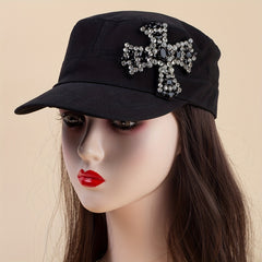 Rhinestone Cross Patch Baseball Cap Y2K Flat Hat Hip Hop Newsboy Hat