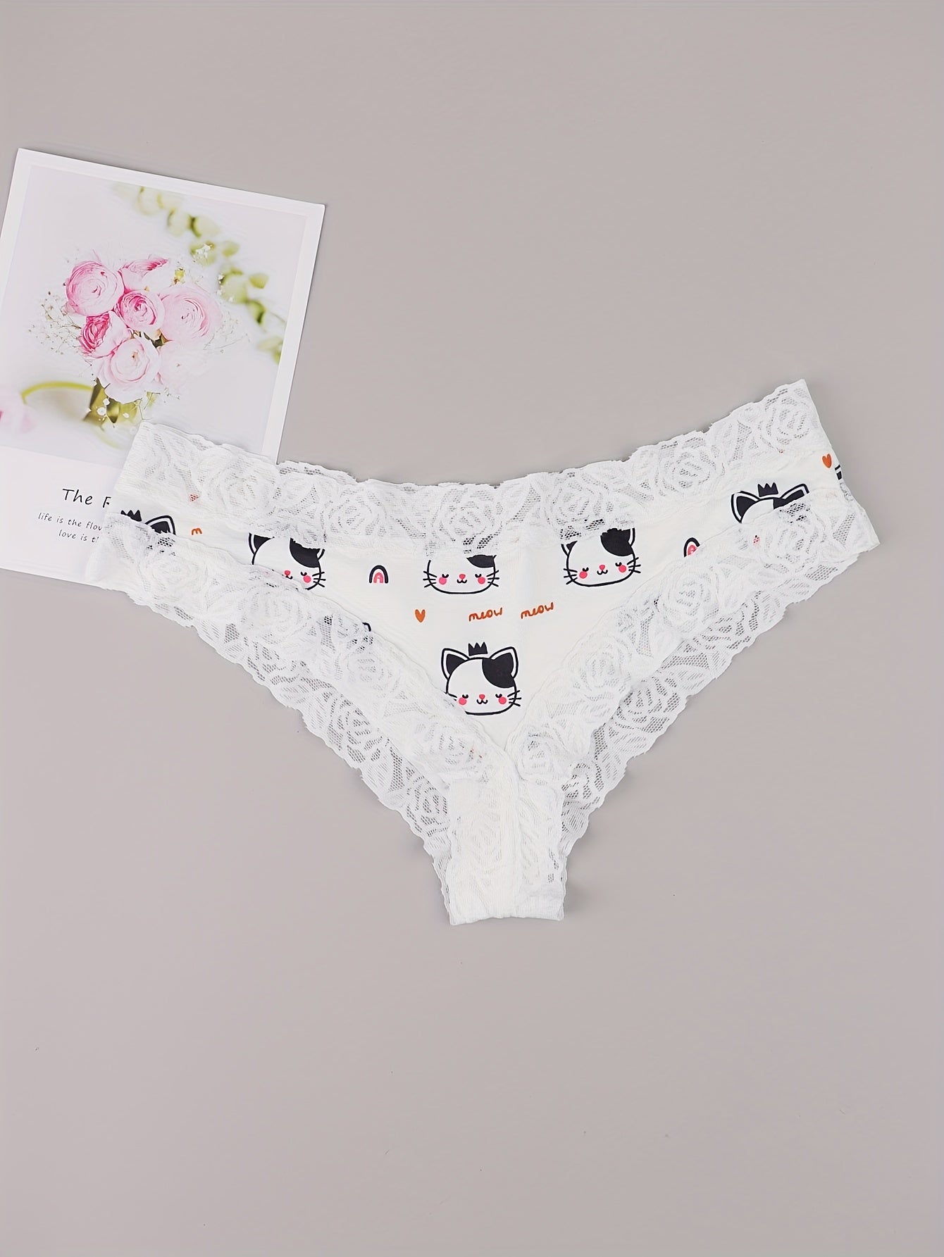 3 Pack Plus Size Cheeky Panties - Floral & Heart & Cat Print Lace Trim