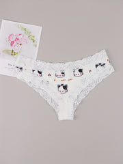 3 Pack Plus Size Cheeky Panties - Floral & Heart & Cat Print Lace Trim