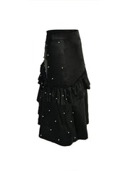Beads PU Leather Skirts Bodycon Ruffle Trim Casual Skirts
