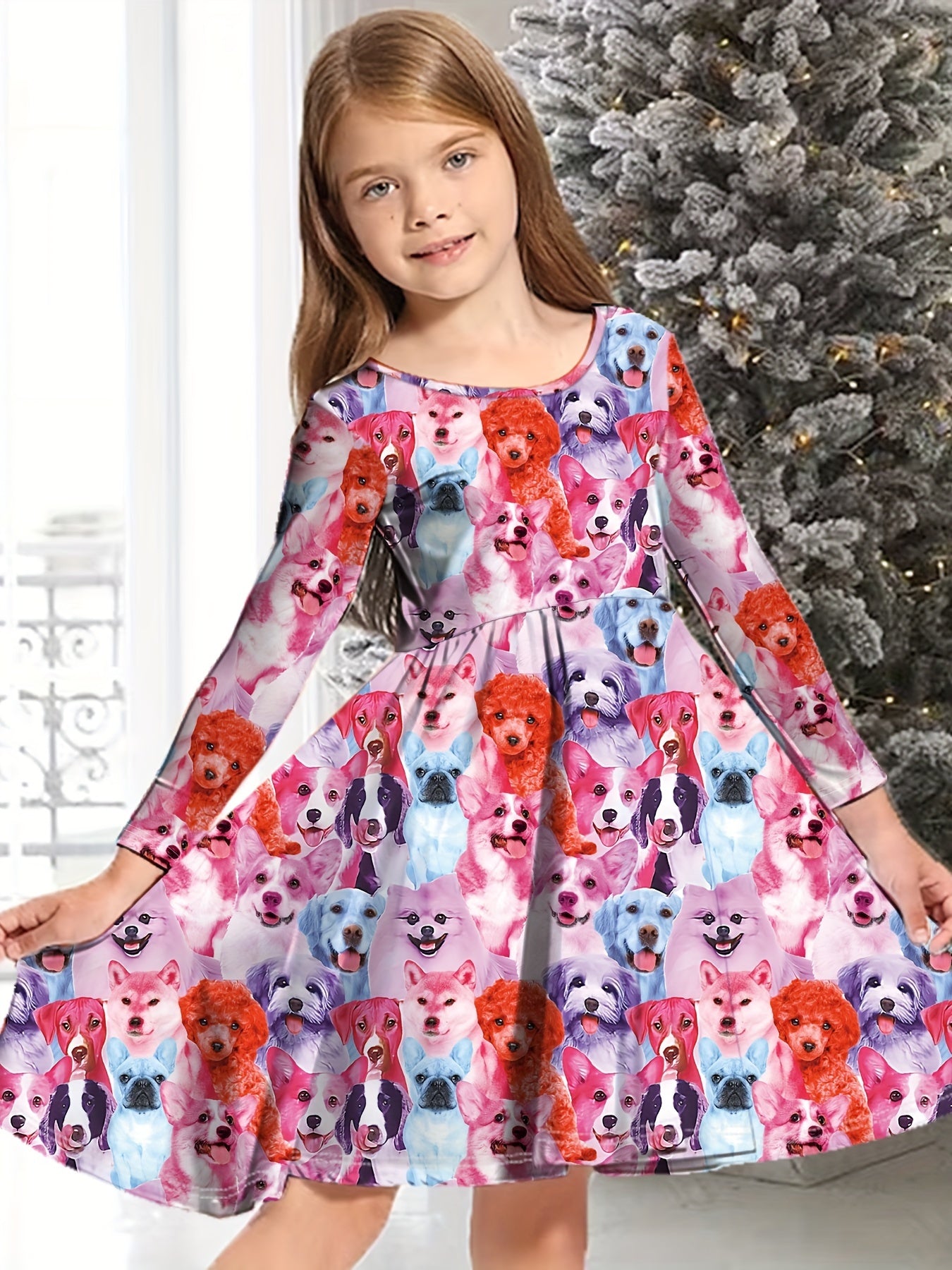 Sweet Puppy Graphic Long Sleeve Crew Neck Dress Girls Comfy Dresses