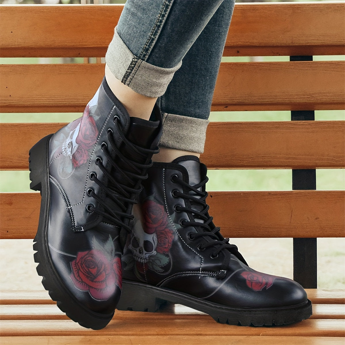 Women's Lace Up Combat Boots Rose & Skull Graphic Short Boots