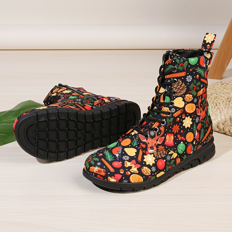 Christmas Print Lace Up Flat Winter Boots