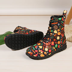 Christmas Print Lace Up Flat Winter Boots