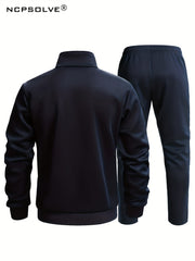 2pcs Men's Sports Suit Block Stand Collar Zip Up Jacket & Elastic Waist Pants