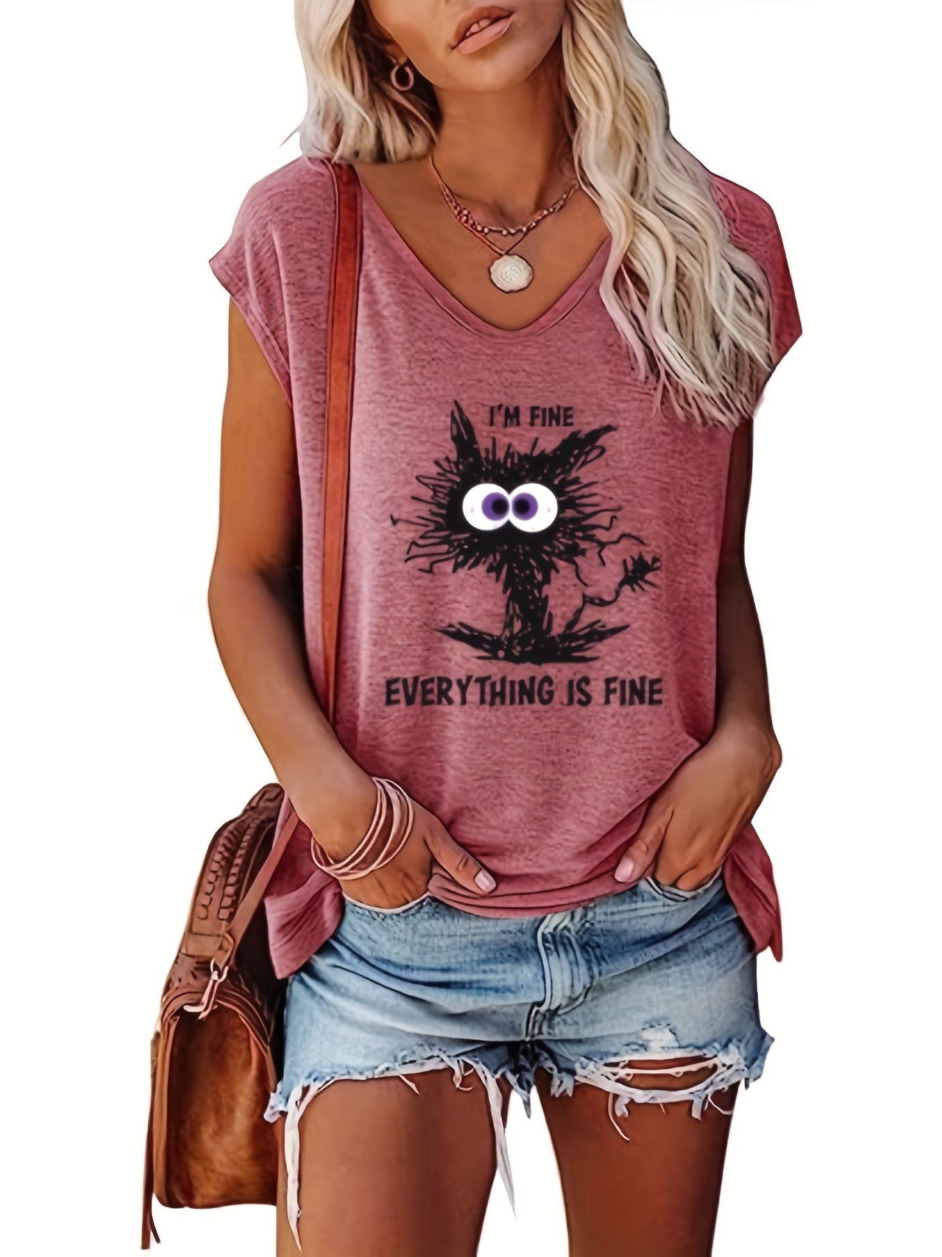 Cat Print V Neck Tank Top Cap Sleeve