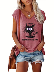 Cat Print V Neck Tank Top Cap Sleeve