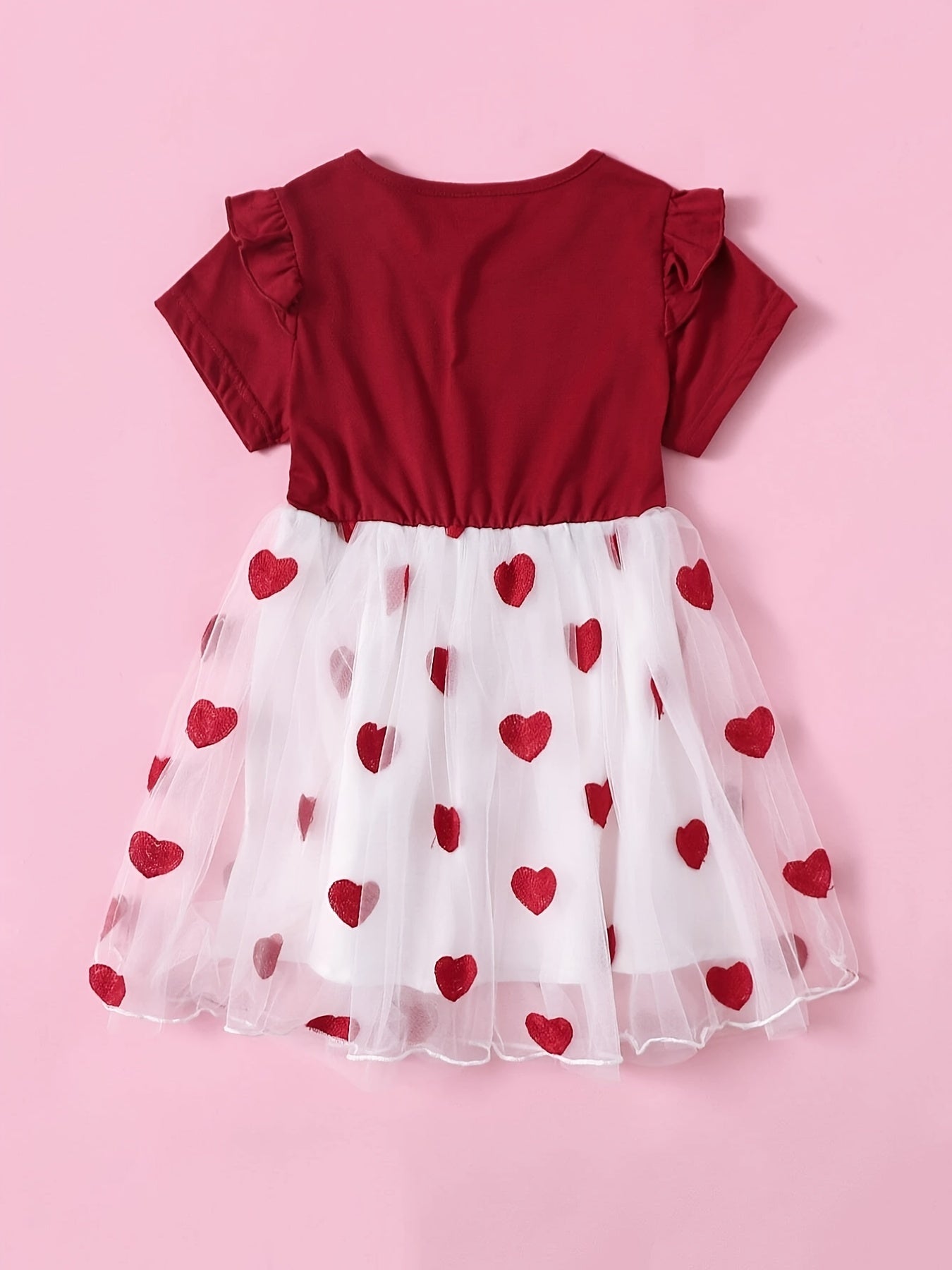 Toddler Girls Heart Print Dress Short Sleeve Mesh Splicing Round Neck Ruffle