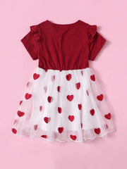 Toddler Girls Heart Print Dress Short Sleeve Mesh Splicing Round Neck Ruffle