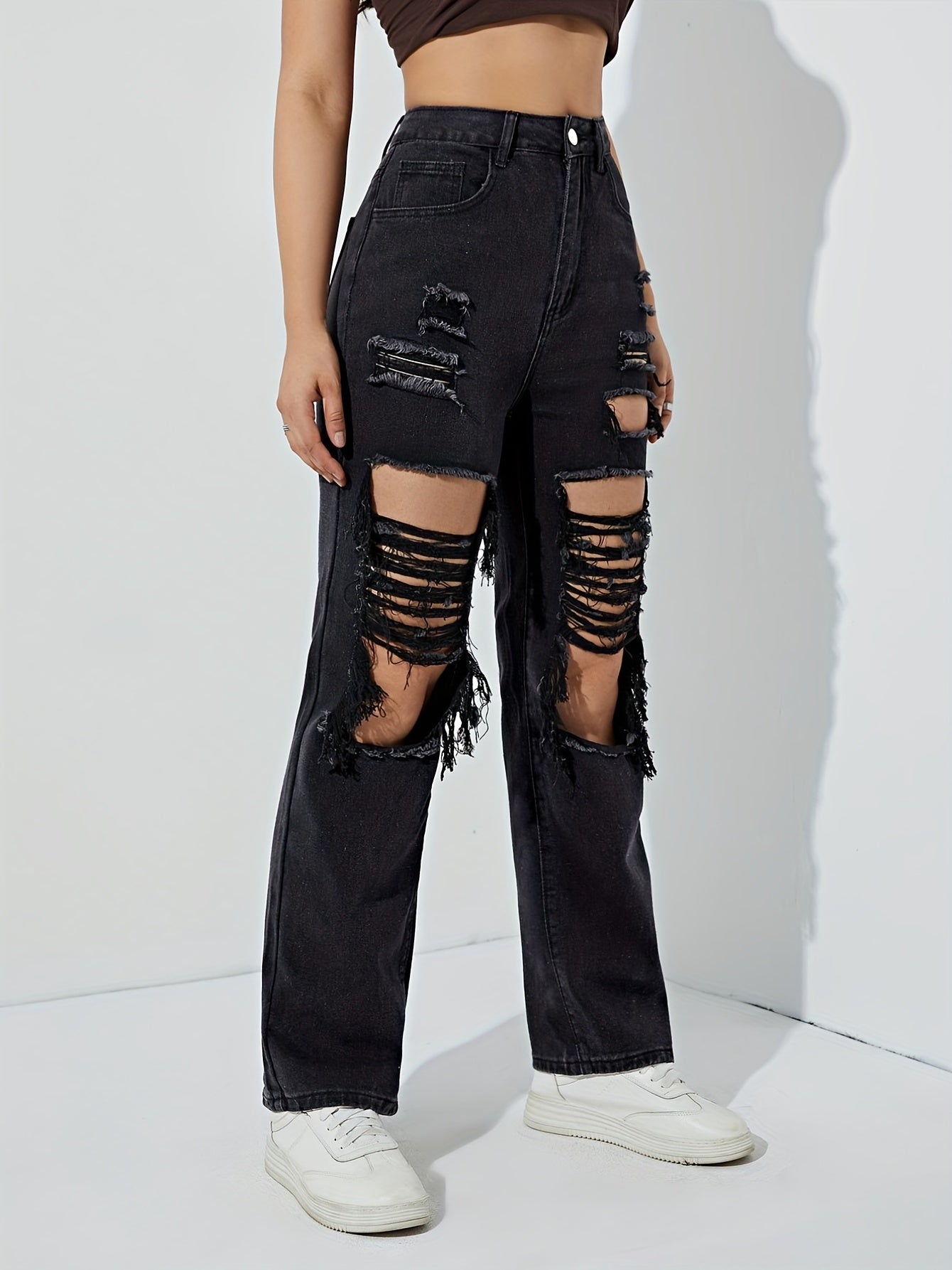 High Rise Ripped Mom Jeans Slim Fit Destroyed Denim Pants