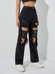 High Rise Ripped Mom Jeans Slim Fit Destroyed Denim Pants