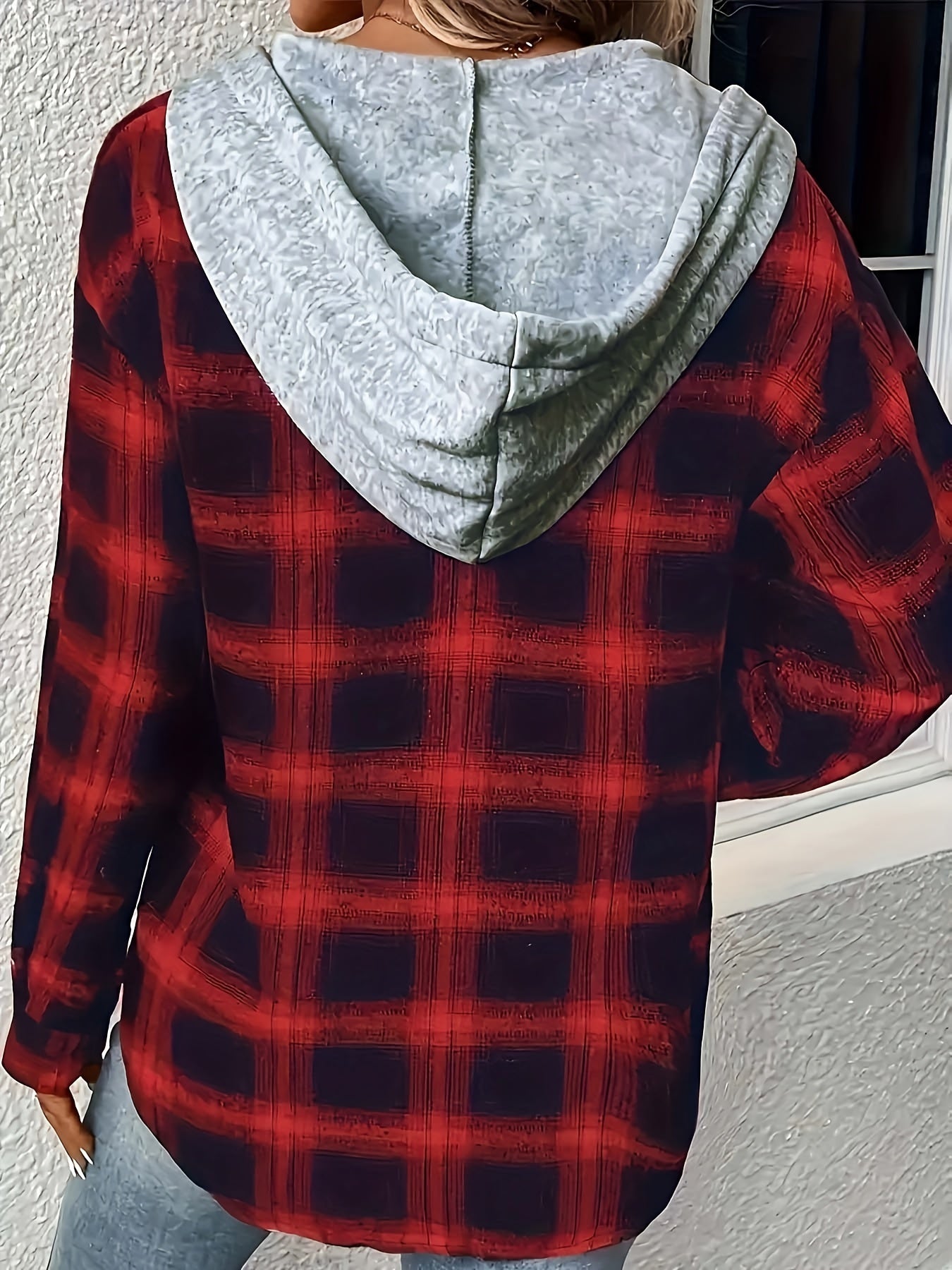 Colorblock Plaid Hooded Long Sleeve Shirt