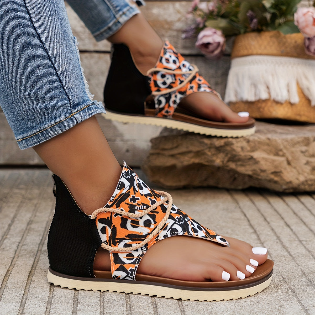 Skull Pattern Cross Strap Cutout Thong Sandals for Women